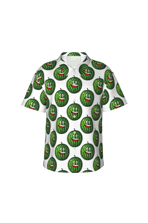 Happy Watermelon Print Mens Hawaiian Shirts,Loose-Fit Short Sleeve Button Down Tropical Aloha Beach Shirt,Summer Vacation Wedding Tops,Small