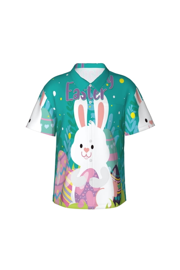 Happy easter Print Mens Hawaiian Shirts,Loose-Fit Short Sleeve Button Down Tropical Aloha Beach Shirt,Summer Vacation Wedding Tops,Small