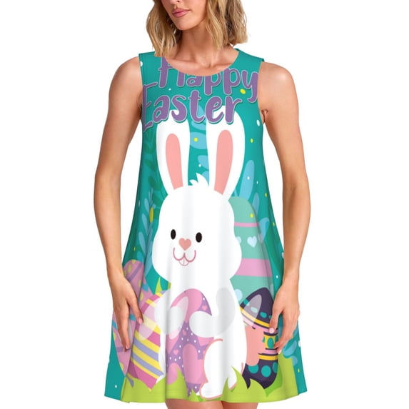 Logiee Happy easter Print Summer Dresses for Women,Beach Sleeveless Flowy Pocket Tshirt Tank Sundresses,Women's Sleeveless Dress