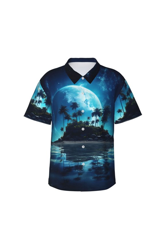 Hawaiian Beach Pirate Moon Print Mens Hawaiian Shirts,Loose-Fit Short Sleeve Button Down Tropical Aloha Beach Shirt,Summer Vacation Wedding Tops,Small