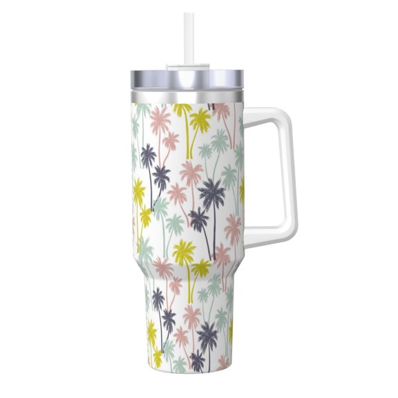 Logiee Hawaiian Coconut Tree Print 40OZ Ice Bully Cup with Handle and Straw, Double Wall Stainless Steel Tumbler,Travel Coffee Cup with Lid, Summer Insulation and Cooling Cup
