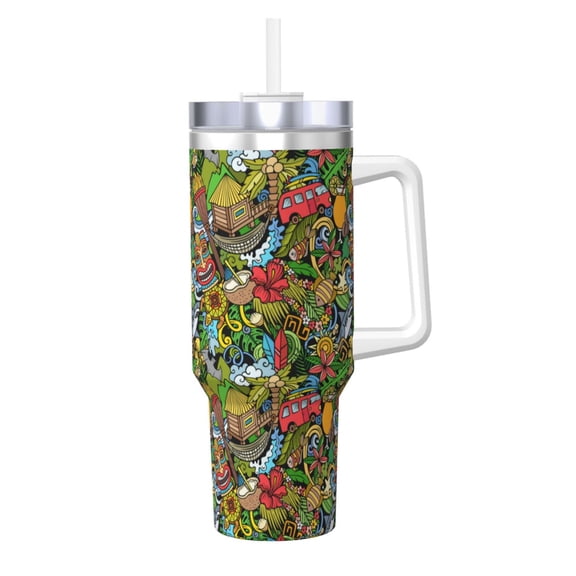 Logiee Hawaiian Culture Symbols 1 Print 40OZ Ice Bully Cup with Handle and Straw, Double Wall Stainless Steel Tumbler,Travel Coffee Cup with Lid, Summer Insulation and Cooling Cup