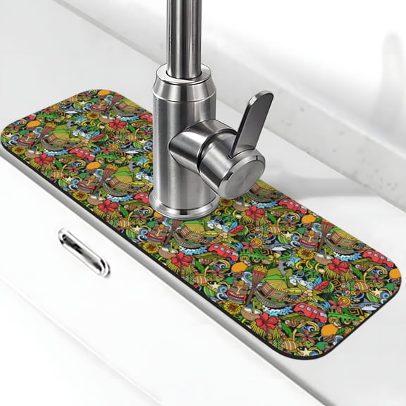 Logiee Hawaiian Culture Symbols 1 Print Kitchen Sink Splash Guard Faucet Mat for Splash Guard Behind Faucet Drip Catcher for Kitchen,Bathroom,Sink Mat,Dish Drying Mat,Bathroom-15" X 5.5"