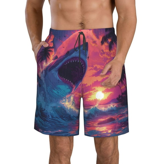 Logiee Hawaiian Island Beach Shark Print Mens Swim Trunks Quick Dry Board Shorts,Breathable Hawaii Beach Shorts Swimwear Bathing Suits-Small