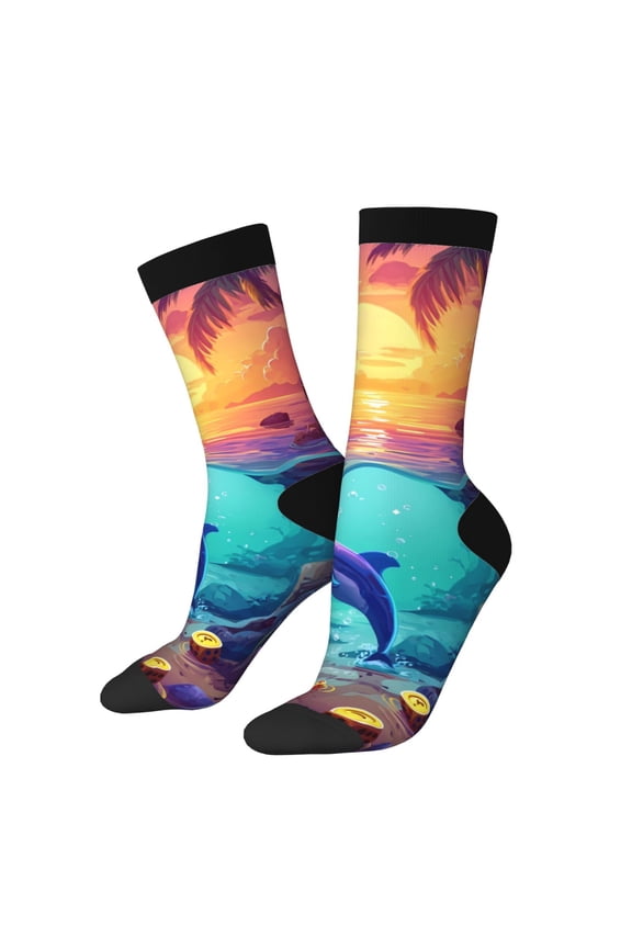Hawaiian Island Dolphin Print Adult Socks for Men & Women,Calf Socks, Ankle Socks,Boots Socks,Breathable Casual Sock,Unisex Crew Socks