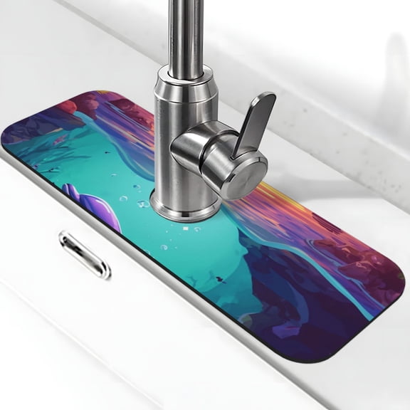 Logiee Hawaiian Island Dolphin Print Kitchen Sink Splash Guard Faucet Mat for Splash Guard Behind Faucet Drip Catcher for Kitchen,Bathroom,Sink Mat,Dish Drying Mat,Bathroom-15" X 5.5"