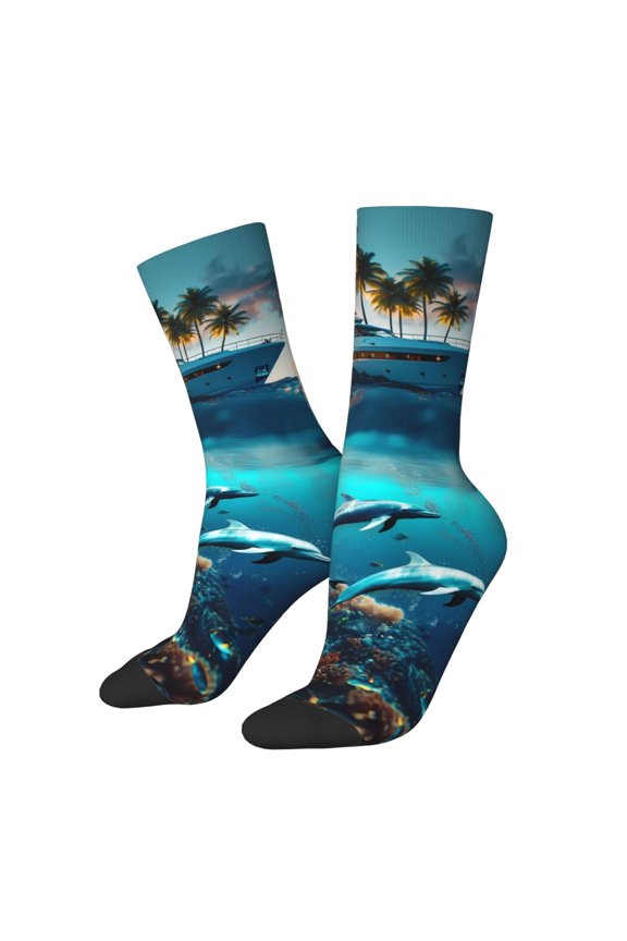 Hawaiian Ship Dolphin Print Adult Socks for Men & Women,Calf Socks, Ankle Socks,Boots Socks,Breathable Casual Sock,Unisex Crew Socks