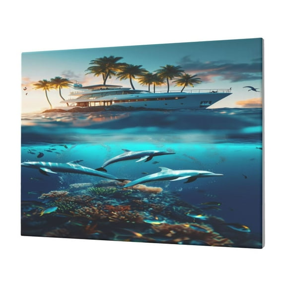 Logiee Hawaiian Ship Dolphin Print Canvas Wall Art,Canvas Picture Prints with Frame, Wall Art Decorative,Canvas Decorative,Suitable for Living Room Bedroom Office Room 30x40