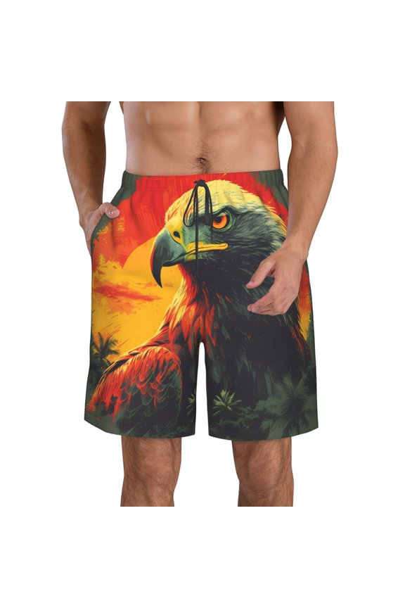 Hawaiian Style Bald Eagle Print Mens Swim Trunks Quick Dry Board Shorts,Breathable Hawaii Beach Shorts Swimwear Bathing Suits-Small