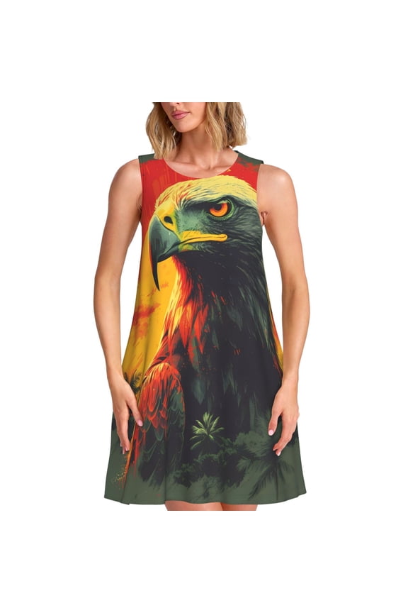 Hawaiian Style Bald Eagle Print Summer Dresses for Women,Beach Sleeveless Flowy Pocket Tshirt Tank Sundresses,Women's Sleeveless Dress
