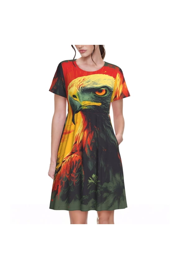 Hawaiian Style Bald Eagle Print Womens Summer Dress,Casual Short Sleeve Sundresses,Beach A-line Shift Dress with Pockets