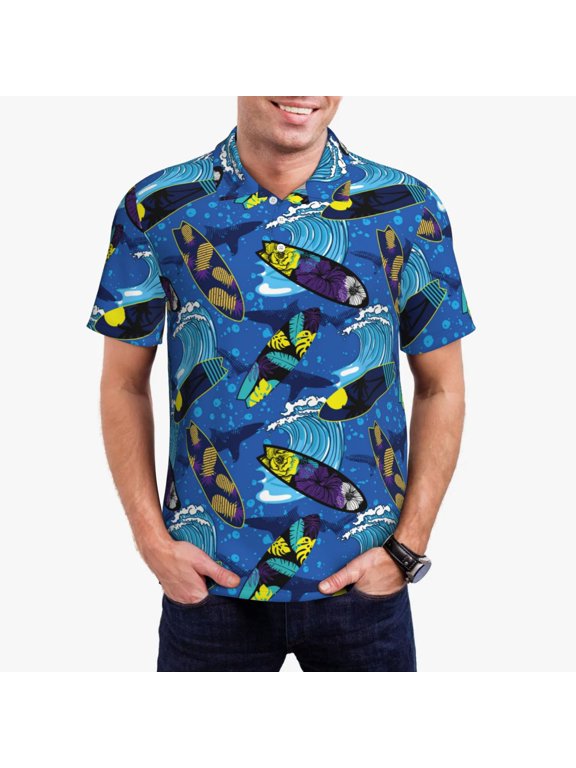Hawaiian Style Print Mens Polo Shirts,Mens Golf Polo Shirts,Short Sleeve Casual Polo Shirts for Men,Summer Fashion Beach Shirts-Small