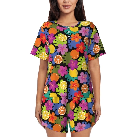 Logiee Hawaiian Style Print Womens Pajamas Set,Short-Sleeve Pajama 2 Piece Sleepwear with Pockets-4X-Large