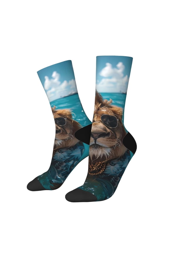 Hawaiian Swimming Lion Print Adult Socks for Men & Women,Calf Socks, Ankle Socks,Boots Socks,Breathable Casual Sock,Unisex Crew Socks