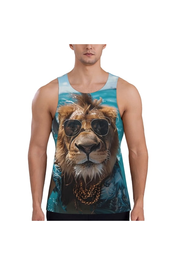 Hawaiian Swimming Lion Print Men's Workout Tank Top,Quick Dry Workout Tank Top,Gym Muscle Tee,Fitness Bodybuilding Sleeveless T Shirt-Large