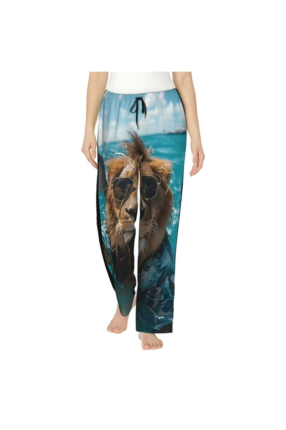 Hawaiian Swimming Lion Print Women Pajama Pants,Comfy Pj Bottom with Pockets & Drawstring,Stretch Casual Sleepwear-X-Large