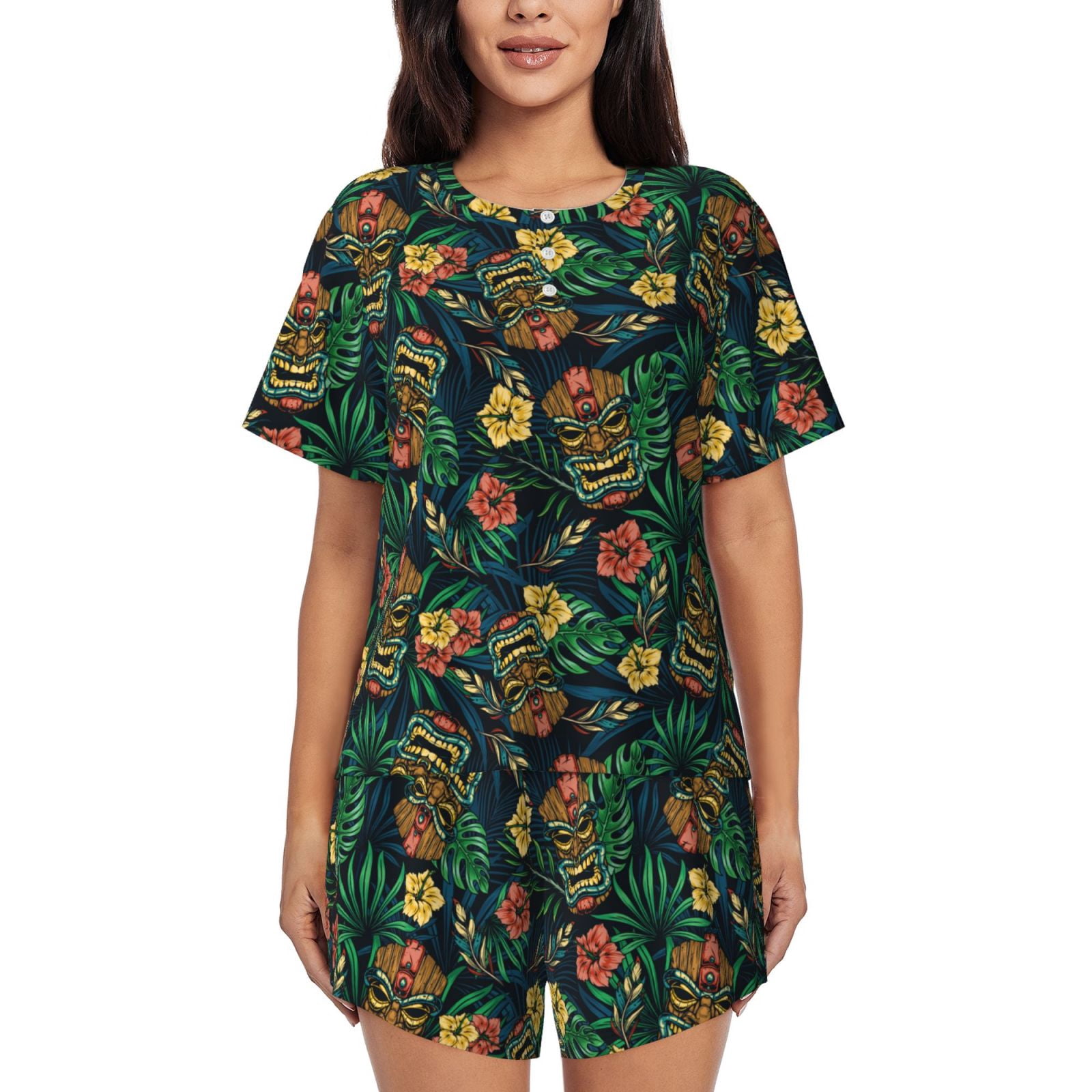 Logiee Hawaiian Tribal Mask Print Womens Pajamas Set,Short-Sleeve ...