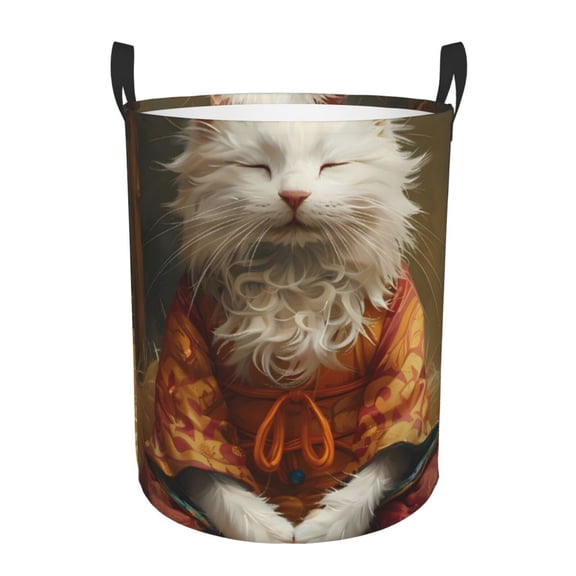 Logiee Haystack Meditating Cat Print Laundry Hamper,Dirty Clothes Hamper Storage Basket for Bathroom Bedrooms College Dorm, Circular Hamper with Handles,Collapsible Laundry Baskets-Small
