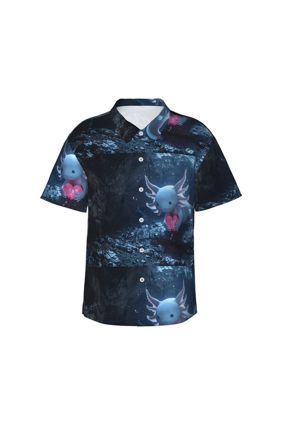 Heart Axolotl Print Mens Hawaiian Shirts,Loose-Fit Short Sleeve Button Down Tropical Aloha Beach Shirt,Summer Vacation Wedding Tops,Large