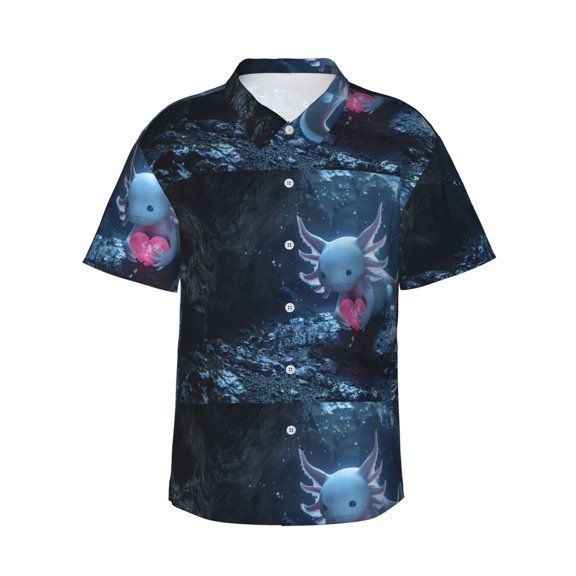 Logiee Heart Axolotl Print Mens Hawaiian Shirts,Loose-Fit Short Sleeve Button Down Tropical Aloha Beach Shirt,Summer Vacation Wedding Tops,Small
