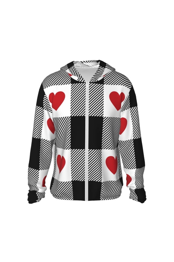 Heart Black Buffalo Plaid Gingham Print Men's Women Light Jacket Full Zip Sun Protection Hoodie Long Sleeve Sun Shirts for Men Hiking Fishing Zip Pockets-Medium