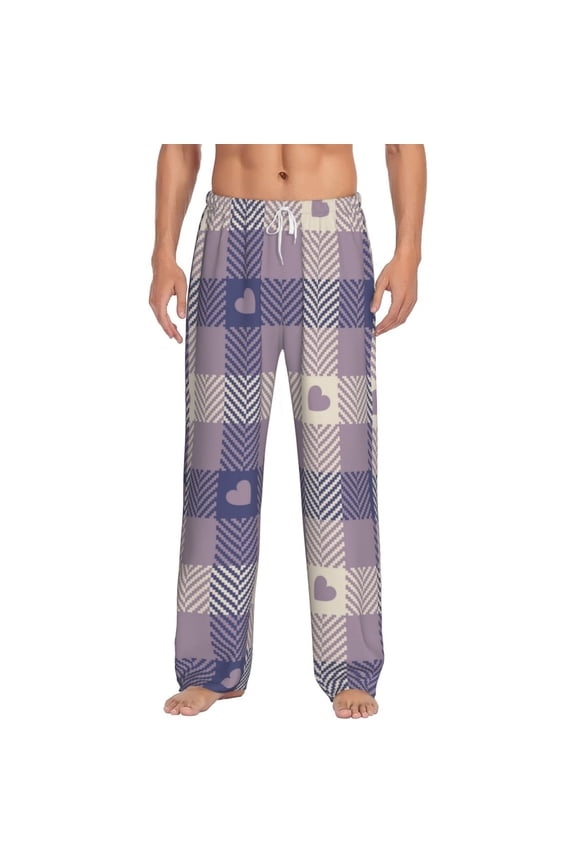 Heart Check Plaid Print Pajama Pants for Men,Men’s Pajama Bottoms,Mens PJ Pants with Pockets & Button Fly-Large