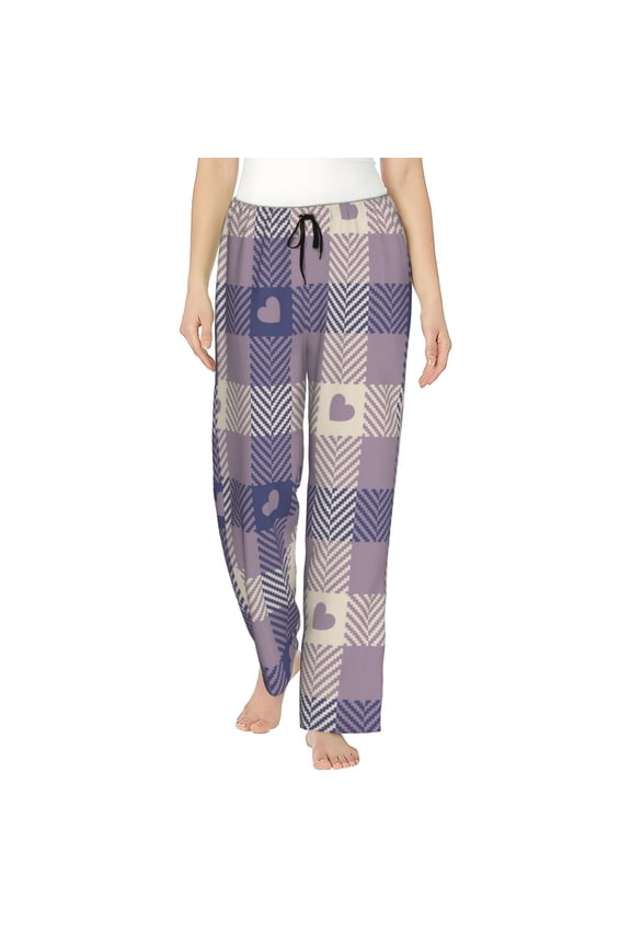 Heart Check Plaid Print Women Pajama Pants,Comfy Pj Bottom with Pockets & Drawstring,Stretch Casual Sleepwear-Small