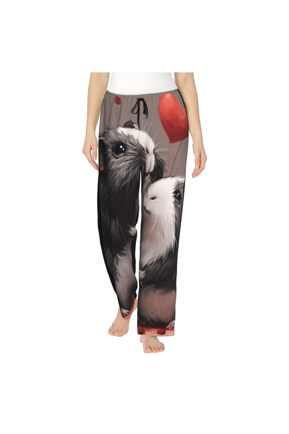 Heart Guinea Pig Couple Print Women Pajama Pants,Comfy Pj Bottom with Pockets & Drawstring,Stretch Casual Sleepwear-Small