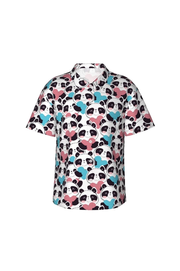 Heart Panda Print Mens Hawaiian Shirts,Loose-Fit Short Sleeve Button Down Tropical Aloha Beach Shirt,Summer Vacation Wedding Tops,Small
