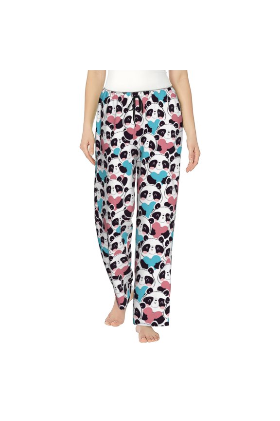 Heart Panda Print Women Pajama Pants,Comfy Pj Bottom with Pockets & Drawstring,Stretch Casual Sleepwear-Large