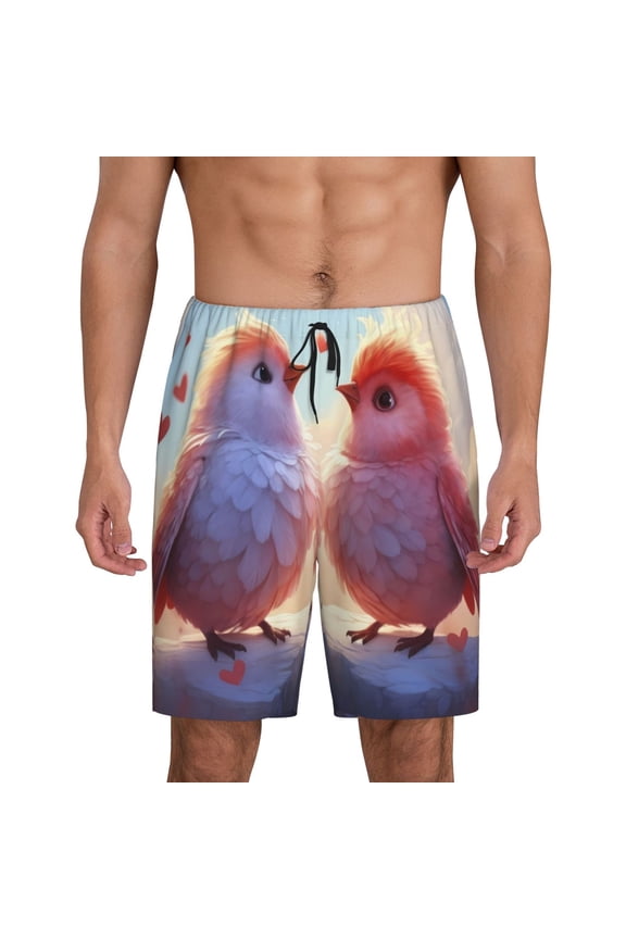 Heart Sky Bird Couple Print Men's Pajama Shorts with Drawstring & Pockets,Sleep Shorts for Men,Sleepwear Bottoms,Elastic Waistband Loungewear-Large