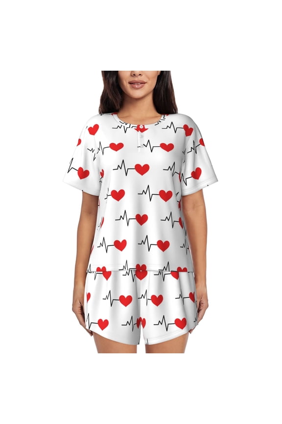 Heartbeat Symbol Print Womens Pajamas Set,Short-Sleeve Pajama 2 Piece Sleepwear with Pockets-X-Large