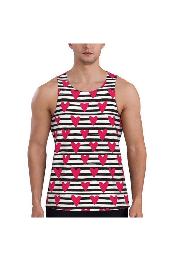 Hearts And Lines Print Men's Workout Tank Top,Quick Dry Workout Tank Top,Gym Muscle Tee,Fitness Bodybuilding Sleeveless T Shirt-Large