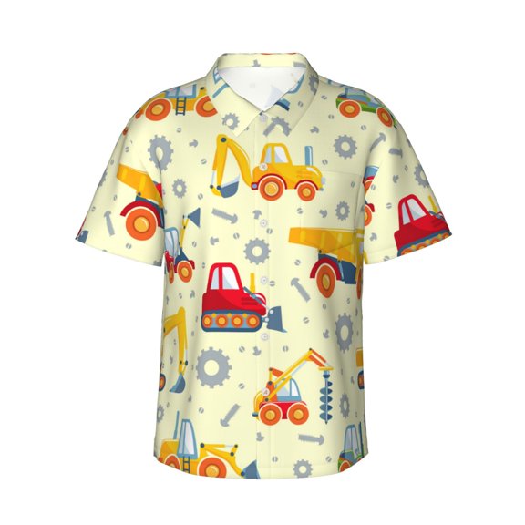 Logiee Heavy Equipment Print Mens Hawaiian Shirts,Loose-Fit Short Sleeve Button Down Tropical Aloha Beach Shirt,Summer Vacation Wedding Tops,Small