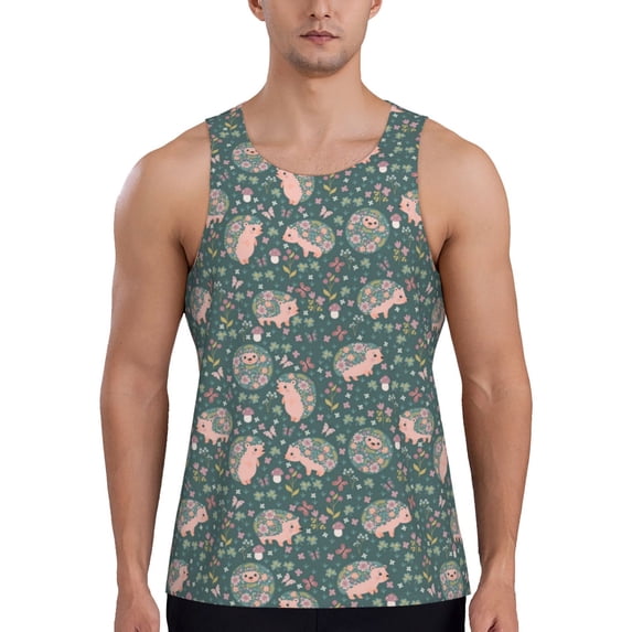 Logiee Hedgehogs and Flowers Print Men's Workout Tank Top,Quick Dry Workout Tank Top,Gym Muscle Tee,Fitness Bodybuilding Sleeveless T Shirt-4X-Large