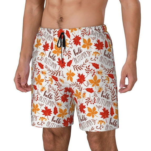 Logiee Hello Autumn Maple Leaf Print Men's Swim Trunk,Quick Dry Board Shorts ,Men's Swim Trunks with Compression Liner, Bathing Suits with Pockets-Medium