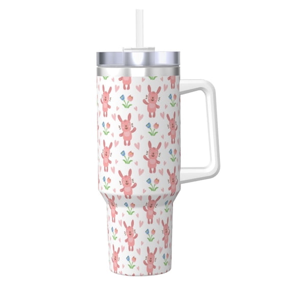 Logiee Hello Rabbit Print 40OZ Ice Bully Cup with Handle and Straw, Double Wall Stainless Steel Tumbler,Travel Coffee Cup with Lid, Summer Insulation and Cooling Cup