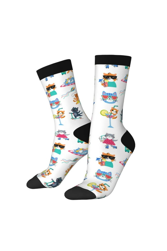 Hello Summer Cat Print Adult Socks for Men & Women,Calf Socks, Ankle Socks,Boots Socks,Breathable Casual Sock,Unisex Crew Socks