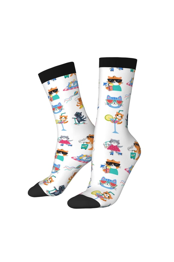 Hello Summer Cat Print Adult Socks for Men & Women,Calf Socks, Ankle Socks,Boots Socks,Breathable Casual Sock,Unisex Crew Socks