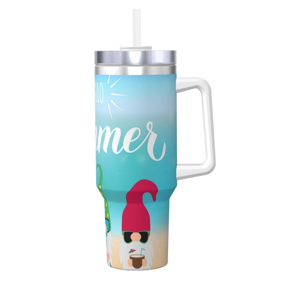 Logiee Hello Summer Gnome 1 Print 40OZ Ice Bully Cup with Handle and Straw, Double Wall Stainless Steel Tumbler,Travel Coffee Cup with Lid, Summer Insulation and Cooling Cup
