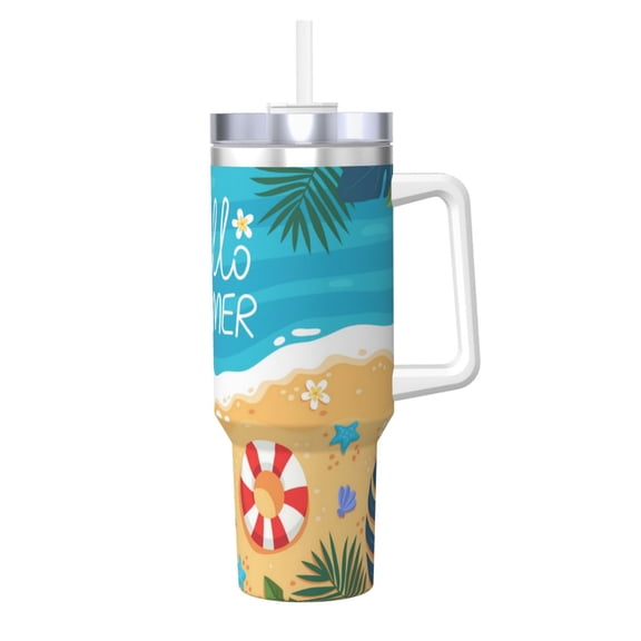Logiee Hello Summer1 Print 40OZ Ice Bully Cup with Handle and Straw, Double Wall Stainless Steel Tumbler,Travel Coffee Cup with Lid, Summer Insulation and Cooling Cup