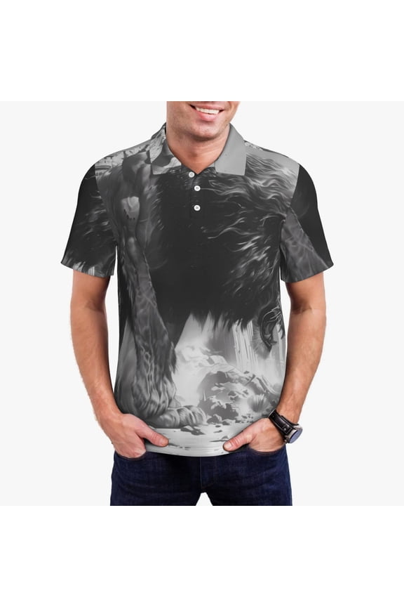 Heroic Lion Encounter Print Mens Polo Shirts,Mens Golf Polo Shirts,Short Sleeve Casual Polo Shirts for Men,Summer Fashion Beach Shirts-Medium