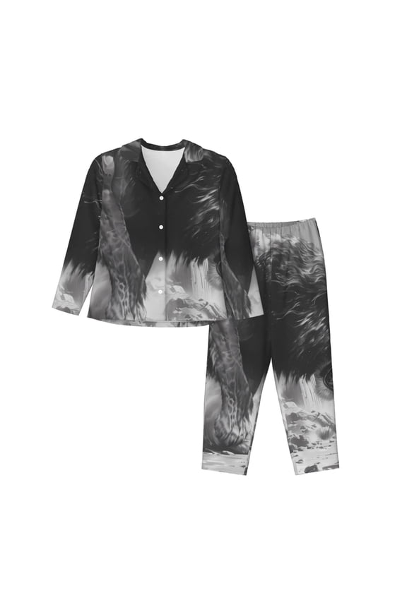 Heroic Lion Encounter Print Womens Pajamas Set,Long Sleeve Sleepwear,Button Down Lounge Set 2 Pieces,Soft Nightwear Pjs Set-Large