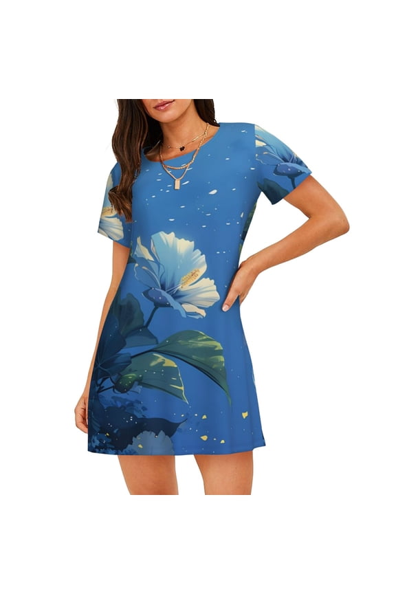 Hibiscus Flowers Calm Water Print Nightgowns for Women,Soft Short-Sleeved Lightweight Sleepwear, Loose Sleepshirts