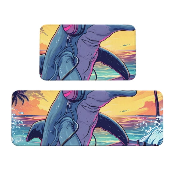 Logiee Hip-Hop DJ Dolphin Print Kitchen Mats for Floor Sets of 2,Waterproof Kitchen Rugs,Non Slip Comfort Standing Mat Rug for Home,Runner,Sink,Office,Laundry