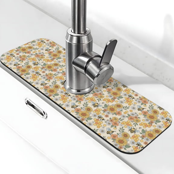 Logiee Hippie Bee Honeycomb Print Kitchen Sink Splash Guard Faucet Mat for Splash Guard Behind Faucet Drip Catcher for Kitchen,Bathroom,Sink Mat,Dish Drying Mat,Bathroom-15" X 5.5"