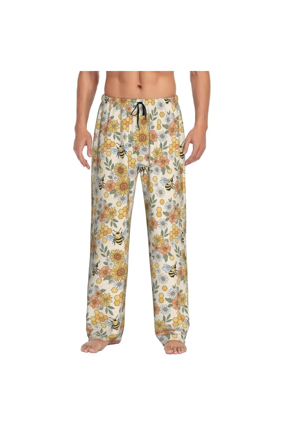 Hippie Bee Honeycomb Print Pajama Pants for Men,Men’s Pajama Bottoms,Mens PJ Pants with Pockets & Button Fly-Large