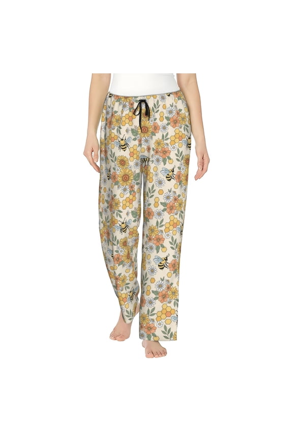 Hippie Bee Honeycomb Print Women Pajama Pants,Comfy Pj Bottom with Pockets & Drawstring,Stretch Casual Sleepwear-Small