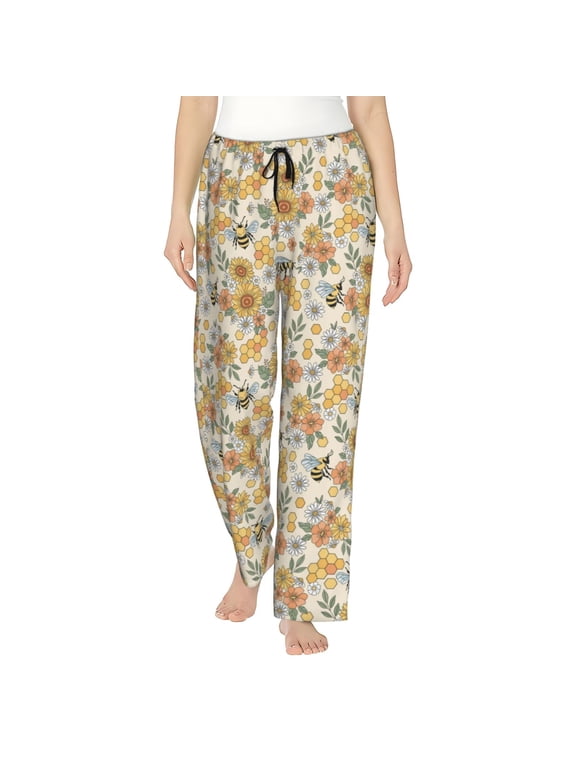 Hippie Bee Honeycomb Print Women Pajama Pants,Comfy Pj Bottom with Pockets & Drawstring,Stretch Casual Sleepwear-Small