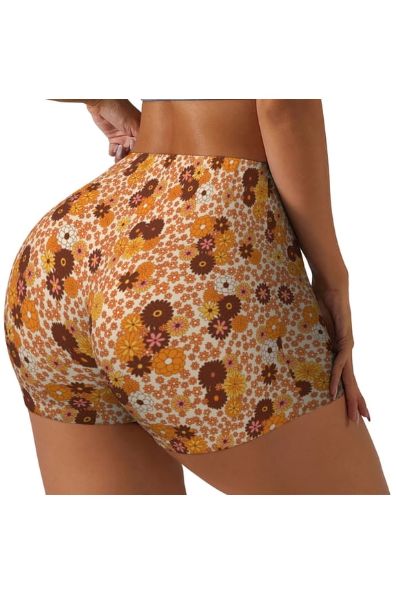 Hippie Ditsy Floral Print Women's Biker Shorts,Workout Gym Shorts,Scrunch Shorts,Tummy Control Hidden Scrunch Running Yoga Shorts-Large